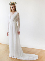 Spitze Hochzeitskleid mit Zug A-Line Lange Ärmel V-Ausschnitt Elfenbein Brautkleider