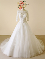 Spitze Hochzeitskleid rückenfrei Bateau Kapelle Zug Brautkleid a-Linie Sicke halblangen Ärmeln Luxus Brautkleid