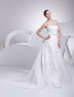 Spitze Hochzeitskleid trägerlos Lace a-Linie Tüll Kapelle Zug Brautkleid mit Schärpe