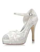 Spitze Hochzeitsschuhe Elfenbein Peep Toe Blumen Detail High Heel Brautschuhe