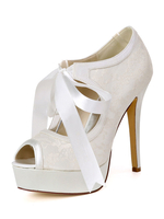 Spitze Hochzeitsschuhe Elfenbein Peep Toe Schnüren Stiletto Heel 4.9 "Brautschuhe