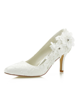 Spitze Hochzeitsschuhe Elfenbein Spitz Blumen Perlen Slip auf Brautschuhe High Heels