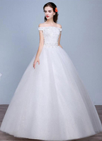 Spitzen-Brautkleid aus der Schulter Stock Länge Schnürschuh Applique Brautkleid mit Perlen Pailletten