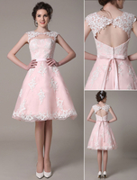 Spitzen-Brautkleid kurz ausgeschnitten Knie Länge a-Linie Hochzeitskleid Standesamt mit Satin-Schleife Milanoo