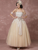 Spitzen-Hochzeitskleid Tüll Champagner Brautkleid mit Bolero Cape Ball Kleid trägerlose Schatz Band Bow Schärpe Knöchel Länge Brautkleid Milanoo