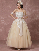 Spitzen-Hochzeitskleid Tüll Champagner Brautkleid mit Bolero Cape Ball Kleid trägerlose Schatz Band Bow Schärpe Knöchel Länge Brautkleid Milanoo