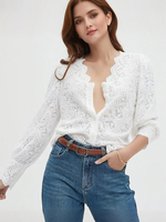 Spitzenblusen für Damen V-Ausschnitt Langarm Frühling Casual Shirts 2025