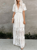Spitzenkleid Weiß Kleider mit Spitzen mit durchsichtigem Design Kleider V-Ausschnitt Damenmode Kurzarm und Spitzen lang für Frühling und Sommer