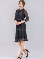 Spitzenkleider Aprikose Kleid Mit Spitze 3/4 Ärmel mit Durchziehband und Rundkragen Damenmode Kleider für Herbst Spitze und Alltag