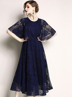 Spitzenkleider Blau Kleid Mit Spitze 1/2 Ärmel mit Rundkragen für Sommer Damenmode Kleider mit Blattmuster Spitze Spitzenkleider für Abend