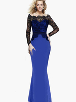Spitzenkleider Blau Kleid Mit Spitze mit schichtigem Design Langarm und Spitzen Damenmode Kleider und Bateau-Kragen für Herbst Spitze und Party