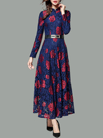 Spitzenkleider Blau Kleid Mit Spitze mit Stehkragen Langarm Kleider Damenmode und Gürtel für Frühling und Herbst im eleganten Stil Spitze