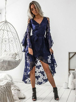 Spitzenkleider Blau mit figurbetonendem Design V-Ausschnitt Kleider Langarm geknotet und Jacquardmustern für Sommer im schicken & modischen Style