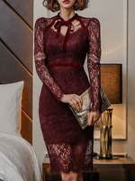 Spitzenkleider Burgunderrot Kleid Mit Spitze mit schichtigem Design Langarm und Schnüren Kleider V-Ausschnitt für Frühling knielang Polyester