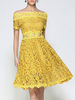 Spitzenkleider Gelb Kleid Mit Spitze mit Carmenausschnitt Kurzarm Kleider Damenmode für Frühling und Sommer im eleganten Stil Spitze