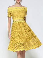 Spitzenkleider Gelb Kleid Mit Spitze mit Carmenausschnitt Kurzarm Kleider Damenmode für Frühling und Sommer im eleganten Stil Spitze