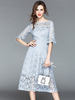 Spitzenkleider Grau Kleid Mit Spitze mit Rundkragen 1/2 Ärmel Kleider Damenmode für Sommer Spitzenkleider im eleganten Stil Spitze