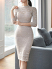 Spitzenkleider Hellrosa Kleid Mit Spitze mit schichtigem Design 1/2 Ärmel Cutouts Damenmode Kleider und Stehkragen für Frühling knielang Polyester