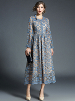 Spitzenkleider Hellschiefergrau Kleid Mit Spitze mit Falten und Rundkragen Kleider Langarm und Rüschen für Frühling und Herbst
