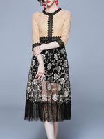 Spitzenkleider Khakifarbe Kleid Mit Spitze mit unsymmetrischem Design und Rundkragen Kleider 3/4 Ärmel Cutouts und Printmuster für Herbst