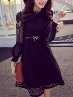 Spitzenkleider Kleid Mit Spitze schmale Passform mit Rundhalsausschnitt Kleider Damenmode Langarm und Gürtel für Frühling im sexyen Style Spitze