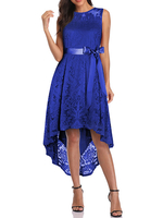 Spitzenkleider Königsblau Jewel Neck Ärmellose Schleife Schärpe Sheer High Low Kleider