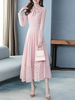Spitzenkleider Lachsrosa Kleid Mit Spitze mit schichtigem Design Langarm und Schnüren Kleider Herz-Ausschnitt für Frühling und Sommer lang