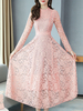 Spitzenkleider Rosa Kleid Mit Spitze mit High-Low Design und Umlegekragen Kleider lang Langarm Cutouts für Frühling und Sommer im sexyen Style