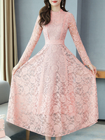 Spitzenkleider Rosa Kleid Mit Spitze mit High-Low Design und Umlegekragen Kleider lang Langarm Cutouts für Frühling und Sommer im sexyen Style