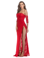 Spitzenkleider Rot Kleid Mit Spitze Kurzarm mit Schlitz an der Front und Carmenausschnitt Damenmode Kleider für Sommer Spitze und Ball