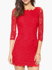 Spitzenkleider Rot Kleid Mit Spitze mit figurbetonendem Design U-Halsausschnitt Kleider 3/4 Ärmel und Spitzen und Spitzen für Herbst im sexyen Style