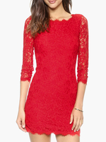 Spitzenkleider Rot Kleid Mit Spitze mit figurbetonendem Design U-Halsausschnitt Kleider 3/4 Ärmel und Spitzen und Spitzen für Herbst im sexyen Style
