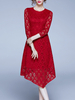 Spitzenkleider Rot Kleid Mit Spitze mit High-Low Design 3/4 Ärmel Cutouts Kleider und Rundhalsausschnitt für Winter und Herbst mittellang Spitze