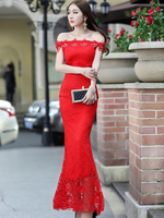 Spitzenkleider Rot Kleid Mit Spitze mit rückenfreiem Design und Carmenausschnitt Kleider Damenmode Kurzarm und Perlen für Sommer Spitze