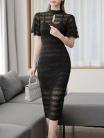 Spitzenkleider Schwarz Hoher Kragen Kurzarm Stretch Cut Out Sexy Spitzenkleider