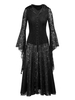 Spitzenkleider Schwarz Kapuze Langarm Langarm Reißverschluss Transparent Print Gothic Langkleid