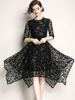 Spitzenkleider Schwarz Kleid Mit Spitze in unregelmäßiger Form 1/2 Ärmel mit Rundkragen Kleider für Herbst mit Blattmuster Spitzenkleider Spitze
