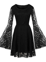 Spitzenkleider Schwarz Kleid Mit Spitze Langarm Cutouts mit Rundkragen Kleider für Frühling und Winter und Herbst knielang Polyester