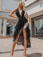 Spitzenkleider Schwarz Kleid Mit Spitze mit rückenfreiem Design V-Ausschnitt Kleider Damenmode ärmellos für Sommer im schicken & modischen Style