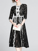 Spitzenkleider Schwarz Kleid Mit Spitze mit schichtigem Design 3/4 Ärmel Cutouts Kleider und Rundkragen für Frühling mit Printmuster knielang Spitze