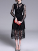 Spitzenkleider Schwarz Kleid Mit Spitze mit schichtigem Design Langarm Cutouts Kleider und Stehkragen für Frühling mit Printmuster mittellang Spitze