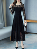 Spitzenkleider Schwarz Kleid Mit Spitze mit schichtigem Design und Rundkragen Kleider lang Langarm Cutouts und Printmuster für Frühling