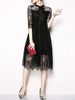 Spitzenkleider Schwarzer Stehkragen 3/4 Länge Ärmel Layered Lace Casual Blumendruck Kleider