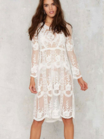 Spitzenkleider Weiß Kleid Mit Spitze lichtdurchlässig mit Rundkragen Kleider Damenmode Langarm und Spitzen für Sommer Spitze