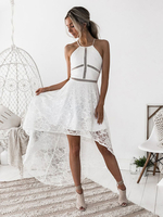 Spitzenkleider Weiß Kleid Mit Spitze mit überkreuzten Trägern am Rücken ärmellos und Spaghettiträger Damenmode Kleider für Sommer Spitze