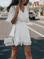 Spitzenkleider Weiß Kleid Mit Spitze mit figurbetonendem Design 1/2 Ärmel und Spitzen Kleider V-Ausschnitt für Sommer mit Blattmuster Spitze