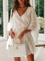 Spitzenkleider Weiß Kleid Mit Spitze mit figurbetonendem Design 1/2 Ärmel und Trägern / Riemchen Kleider V-Ausschnitt für Sommer mit Spitzen Spitze