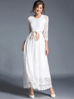 Spitzenkleider Weiß Kleid Mit Spitze mit Rundkragen 3/4 Ärmel Kleider Damenmode und Gürtel für Frühling und Herbst im femininen Style Spitze