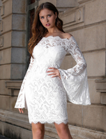 Spitzenkleider Weiß Kleid Mit Spitze mit Split und Carmenausschnitt Kleider Damenmode Langarm für Sommer im schicken & modischen Style Spitze