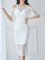 Spitzenkleider White Jewel Neck Kurzarm Ärmel geschichtet ausgeschnitten Sexy Kleider